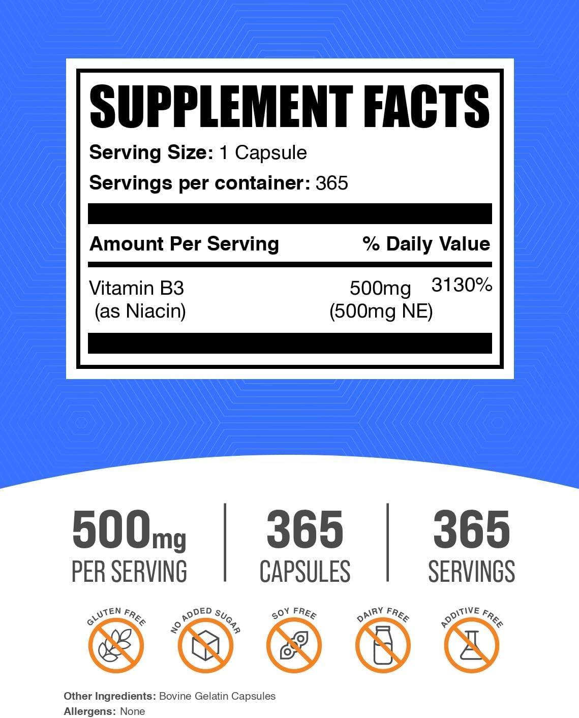 Niacin Capsules 500mg - Vitamin B3 Supplement, Gluten-Free, 365 Capsules - görsel 2