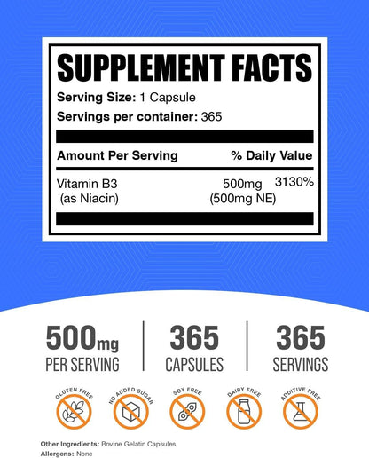Niacin Capsules 500mg - Vitamin B3 Supplement, Gluten-Free, 365 Capsules