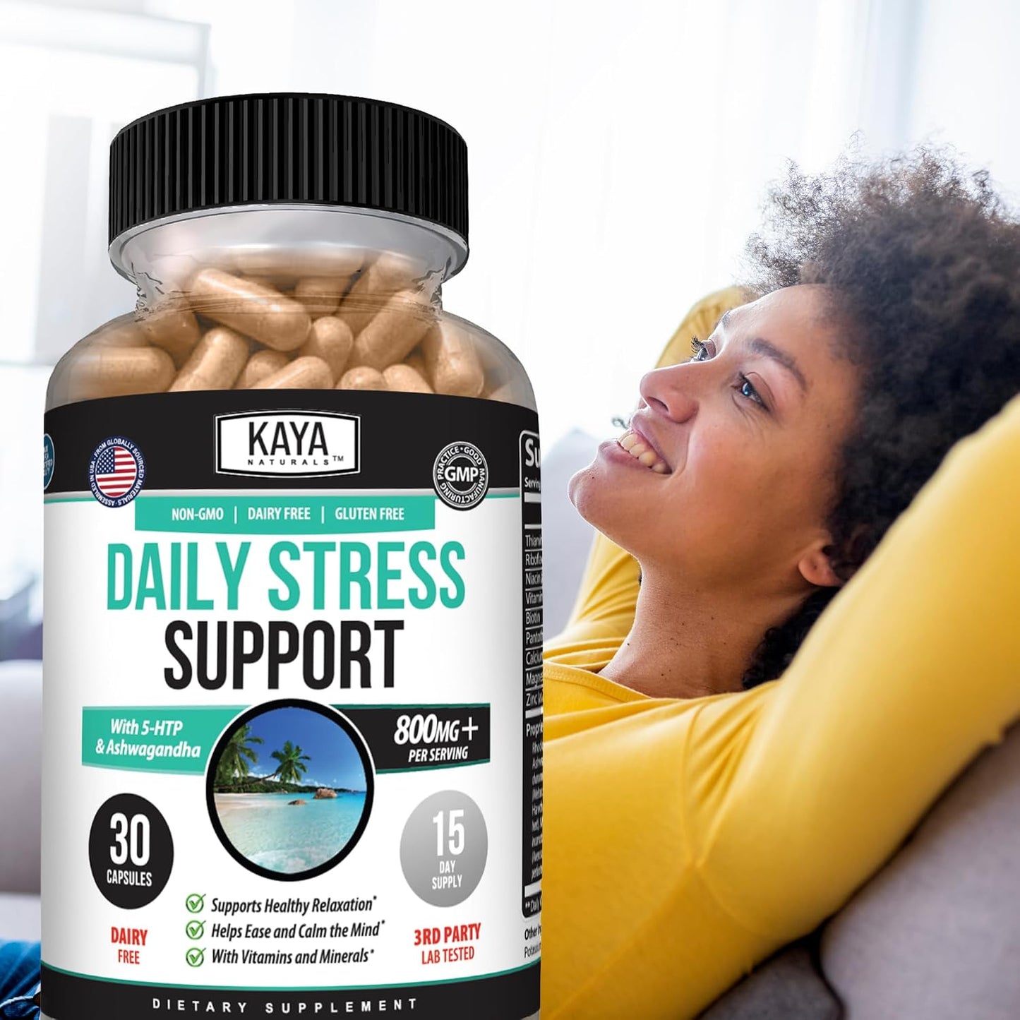 Kaya Naturals – Natural Herbal Stress Relief Support Vitamin Supplement to Relax and Calm the Mind – 30 Capsules - görsel 8