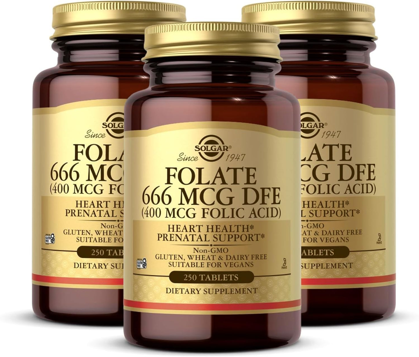 Solgar Folate 666 µg DFE (Folic Acid 400 µg) – 250 Tablets, Pack of 3 – Pregnancy Support – Non-GM, Vegan, Gluten-Free, Dairy-Free, Kosher – 750 Total Servings - görsel 1