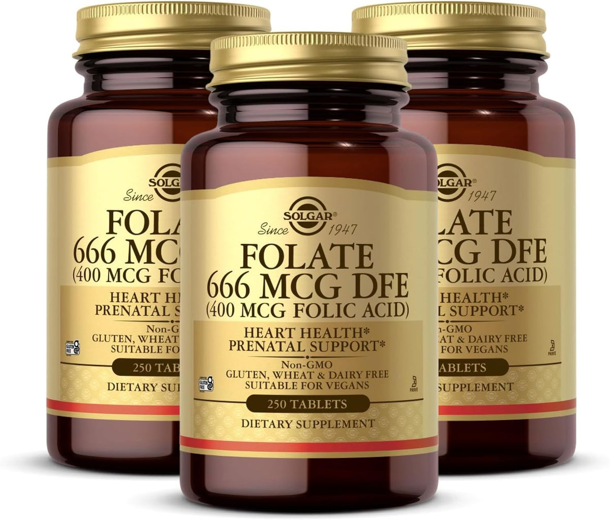 Solgar Folate 666 µg DFE (Folic Acid 400 µg) – 250 Tablets, Pack of 3 – Pregnancy Support – Non-GM, Vegan, Gluten-Free, Dairy-Free, Kosher – 750 Total Servings - görsel 1