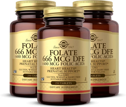 Solgar Folate 666 µg DFE (Folic Acid 400 µg) – 250 Tablets, Pack of 3 – Pregnancy Support – Non-GM, Vegan, Gluten-Free, Dairy-Free, Kosher – 750 Total Servings