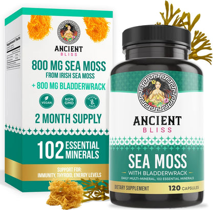 Ancient Bliss Organic Irish Sea Moss Capsules – Wildcrafted Sea Moss with Bladderwrack, 120 Capsules