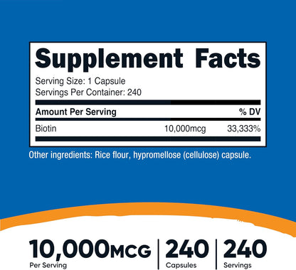 Nutricost Biotin (Vitamin B7) 10,000 µg (10 mg) Supplement, 240 Capsules – Vegetarian, Gluten-free, Non-GMO