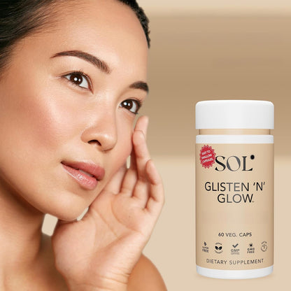 Sol Nutrition Glisten 'N' Glow Supplement - Skin Vitamins for Women with Biotin, Collagen, Vitamins A, B, C, E - 60 Capsules