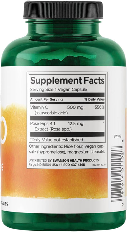 Swanson Vitamin C 500 mg with Rose Hips – 250 Capsules