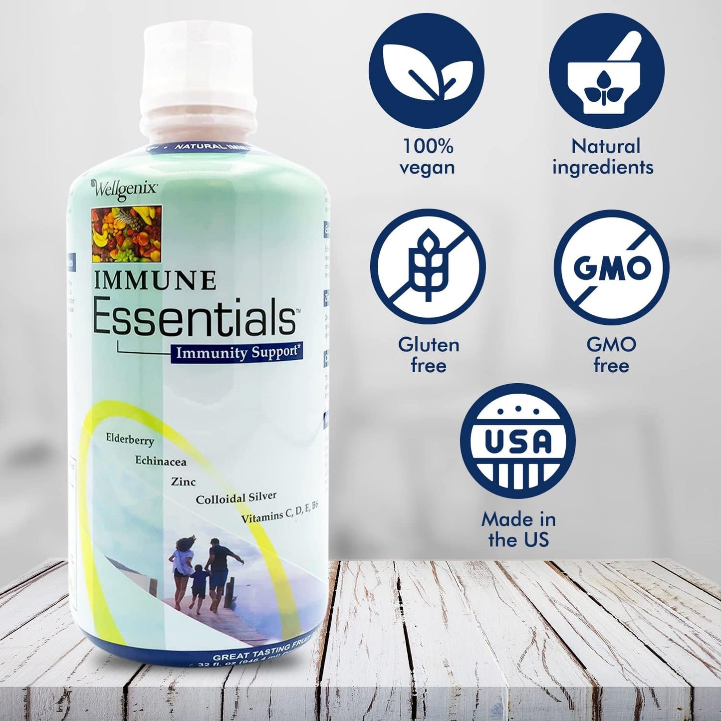 Wellgenix Immune Essentials Liquid Food Supplement – Elderberry, Echinacea, Zinc & Vitamin C – Fruit Flavour – 946 ml - görsel 2