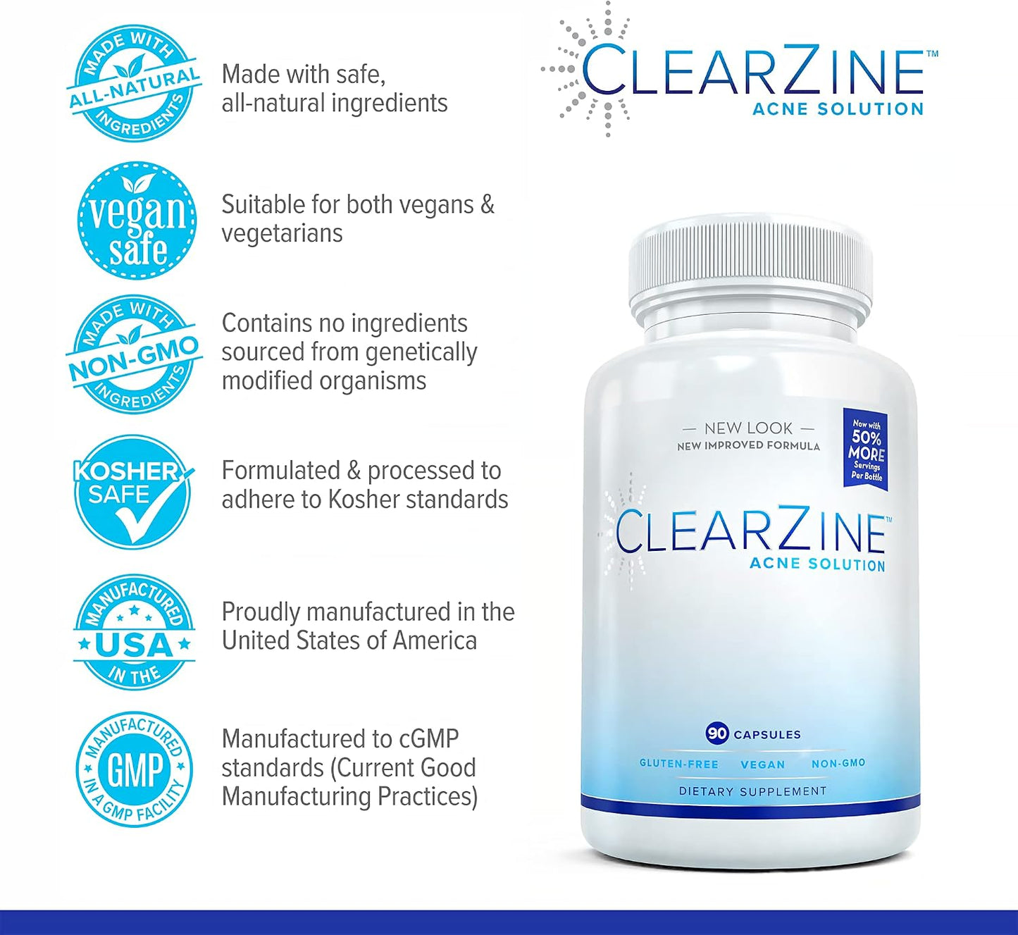 ClearZine Acne Pills – Hormonal & Cystic Acne Supplement for Teens & Adults (90 Capsules) - görsel 3