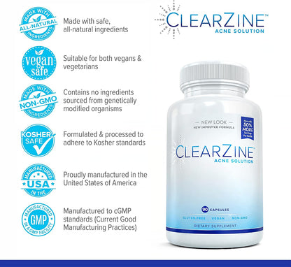 ClearZine Acne Pills – Hormonal & Cystic Acne Supplement for Teens & Adults (90 Capsules)
