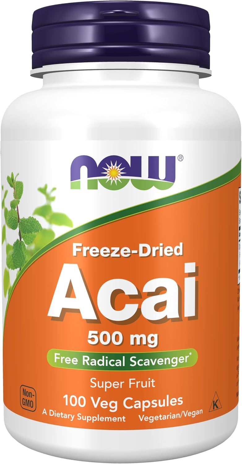 NOW Foods Acai 500 mg – Freeze-Dried Super Fruit Supplement, 100 Veg Capsules - görsel 1