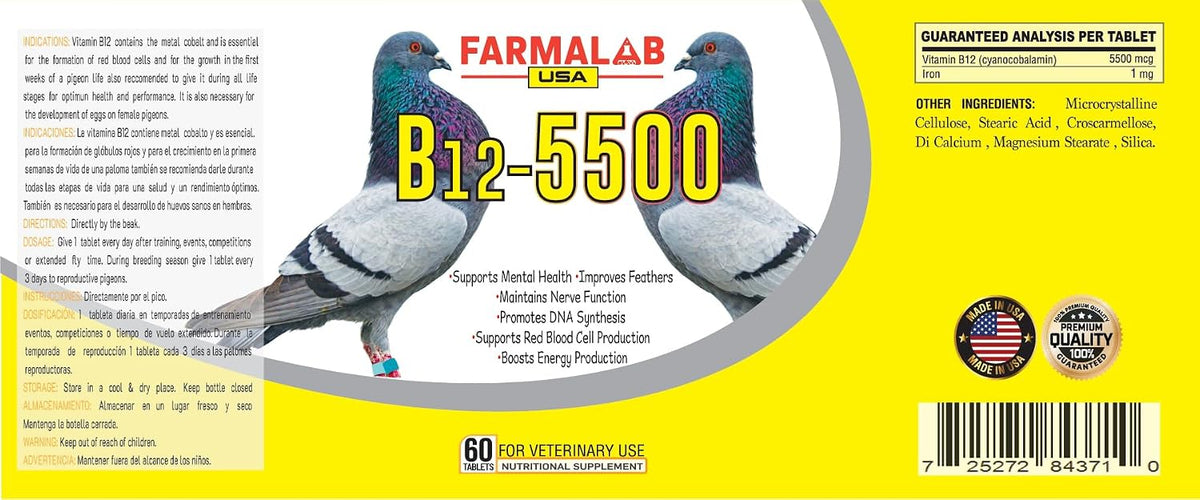 B12-5500 para Palomas, Pigeon Vitamin Supplement 60 Tablets Farmalab - görsel 3