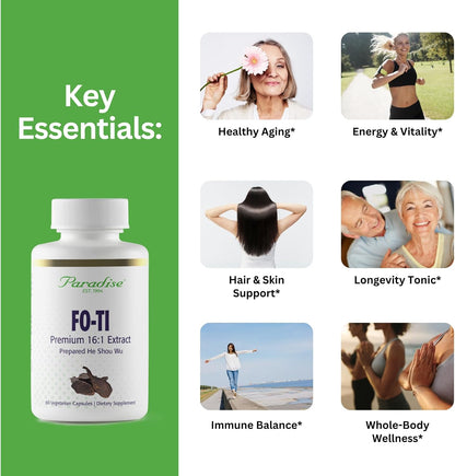 Paradise Herbs Fo-Ti He Shou Wu Root Extract, Premium 16:1 Extract for Hair and Skin Health, Gluten Free, 60 Vegetarian Capsules