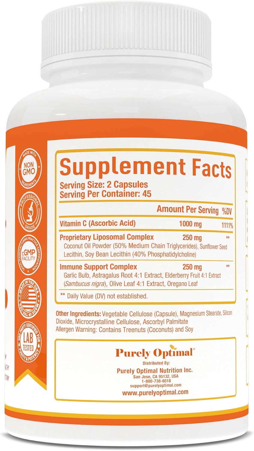 Purely Optimal Premium Liposomal Vitamin C Supplement – High Absorption, Fat Soluble Ascorbic Acid 1000mg for Immune Support, Non-GM, 90 Capsules - görsel 6