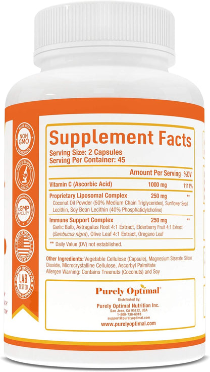 Purely Optimal Premium Liposomal Vitamin C Supplement – High Absorption, Fat Soluble Ascorbic Acid 1000mg for Immune Support, Non-GM, 90 Capsules