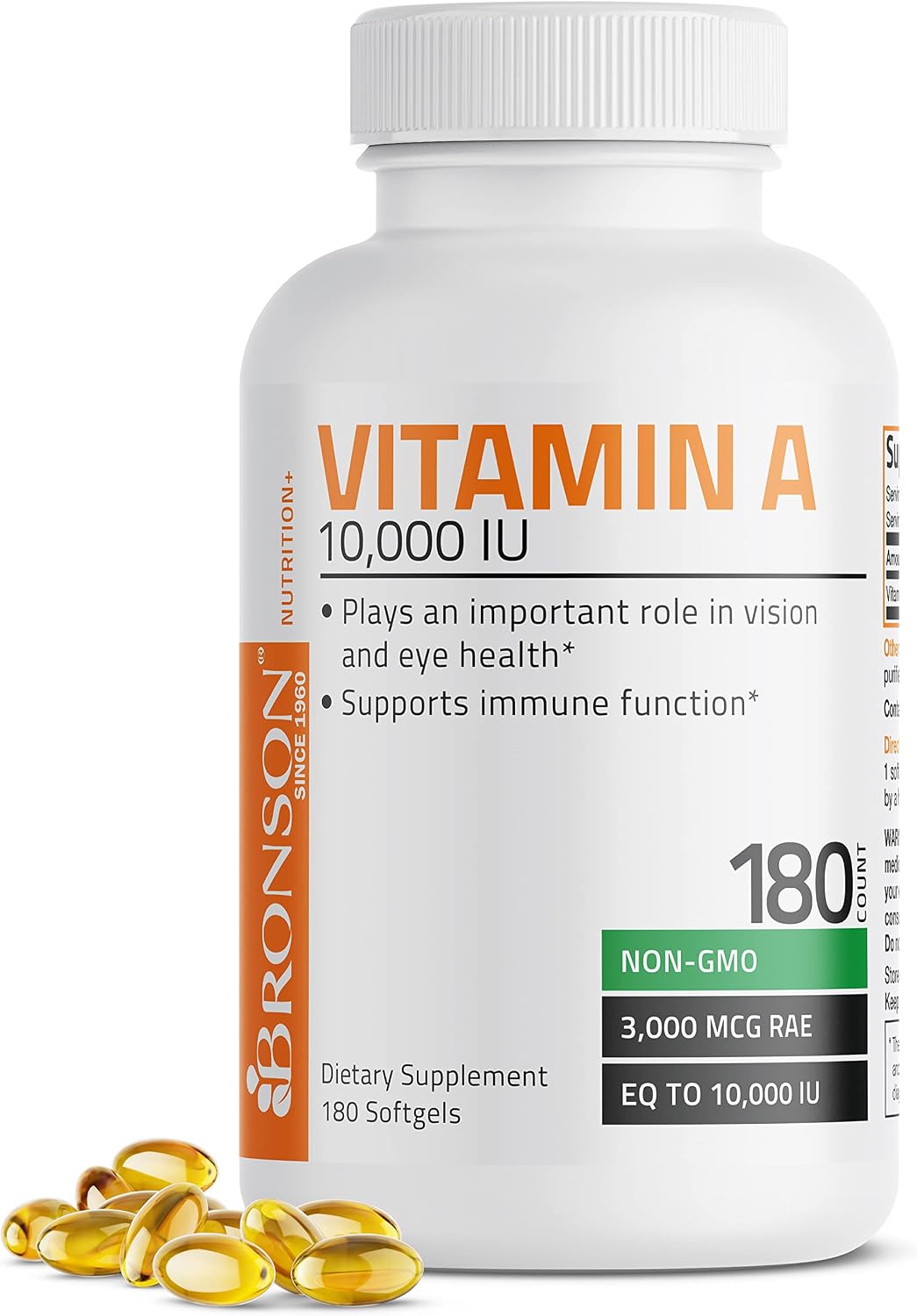 Bronson Vitamin A 10,000 IU Premium Non-GMO Formula, 180 Soft gel capsules - görsel 1