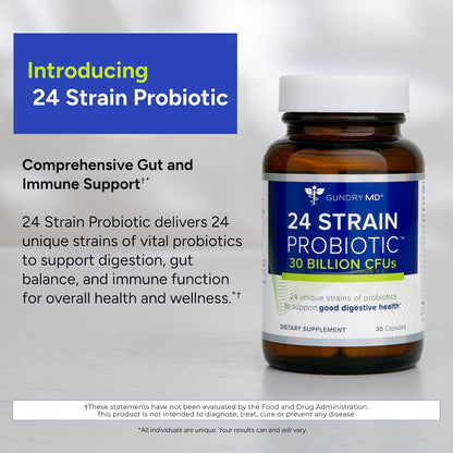 Gundry MD 24-Strain Probiotic – 30 Billion CFUs for Gut Health, Digestion and Immune Support, 30 Capsules