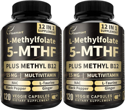 L-Methylfolate 15mg Plus Methyl B12 - 12-in-1 Methylated B9 & B12 Supplement, 120 Vegan Capsules