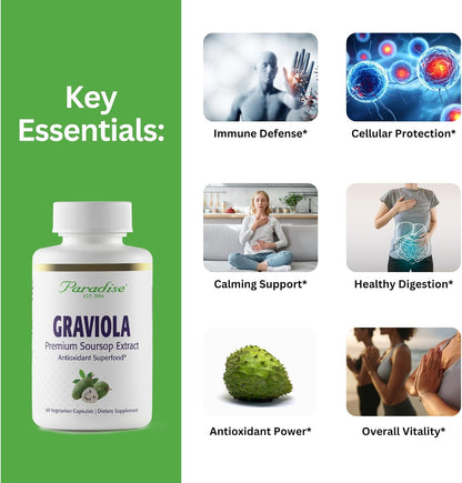 Paradise Herbs Graviola, Graviola Leaf Extract, Soursop Antioxidant Superfood, Whole Spectrum Extract, Ultra Pure, Vegan, Non-GMO, Gluten-free, 60 Count Vegetarian Capsules