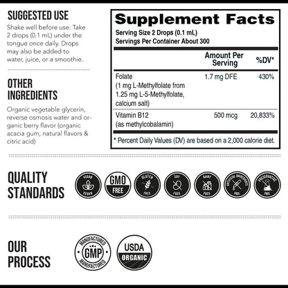 Organic Methyl Folate 1000 mcg + Methyl B12 Cofactor – Liquid Sublingual, Berry Flavour