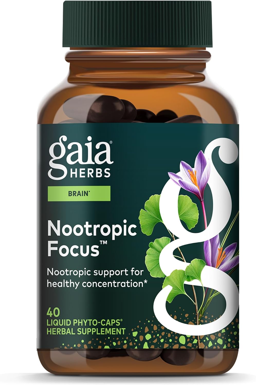 Gaia Herbs Nootropic Focus – Herbal Brain Supplement with Saffron, Lemon Balm and Spearmint – 40 Liquid Phyto-Capsules - görsel 1