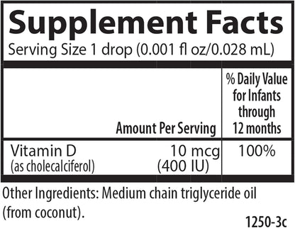 Carlson Baby's Super Daily D3 - Baby Vitamin D Drops, 400 IU per Drop, 1-Year Supply, Unflavoured, 365 Drops