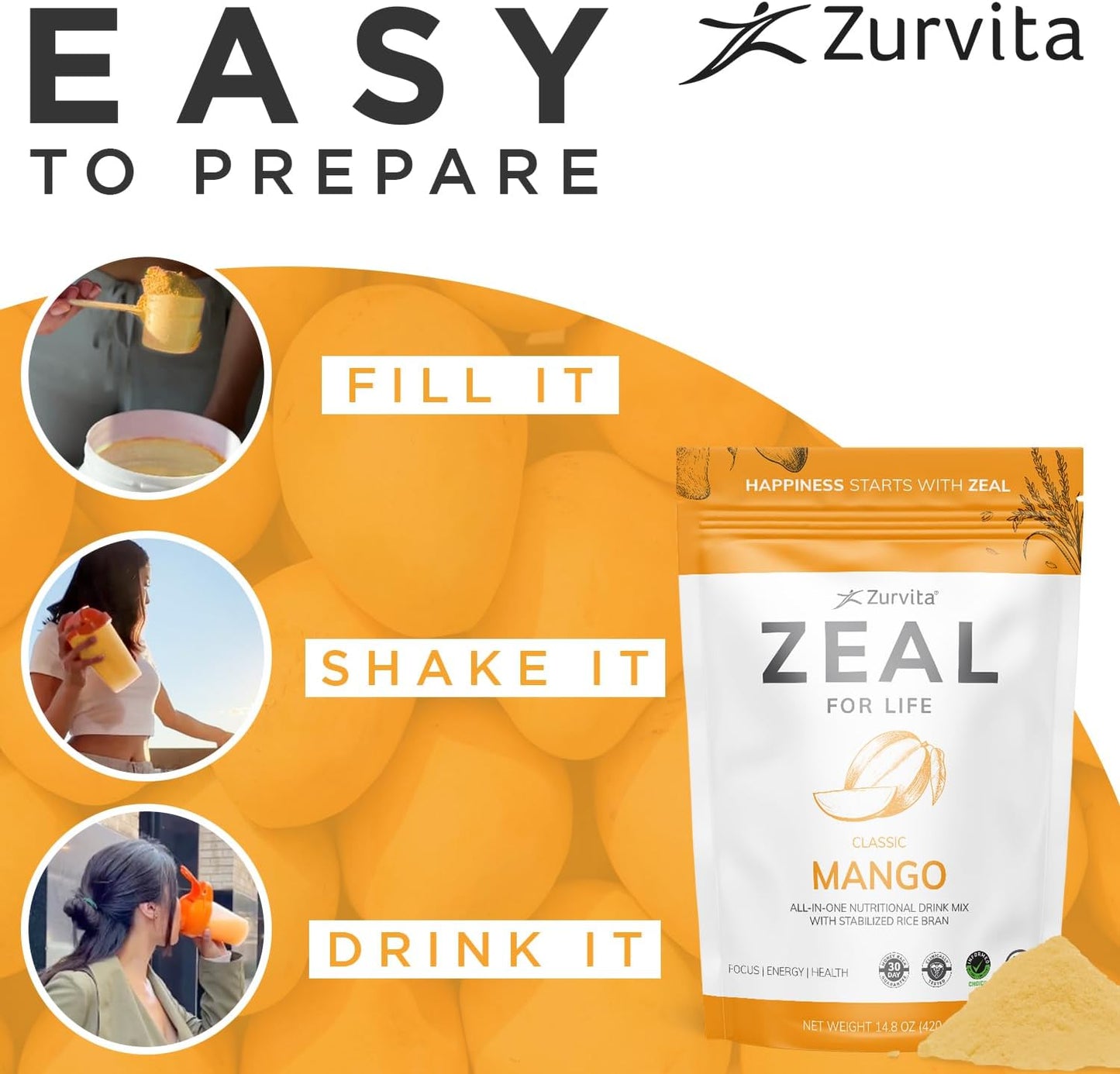 Zurvita Zeal for Life Wellness Drink Mix - Mango Flavour - Gluten-Free, Vegan, with Biotin, Vitamins B12, C, D, E, Iron, Magnesium - 30 Servings (420 g) - görsel 7