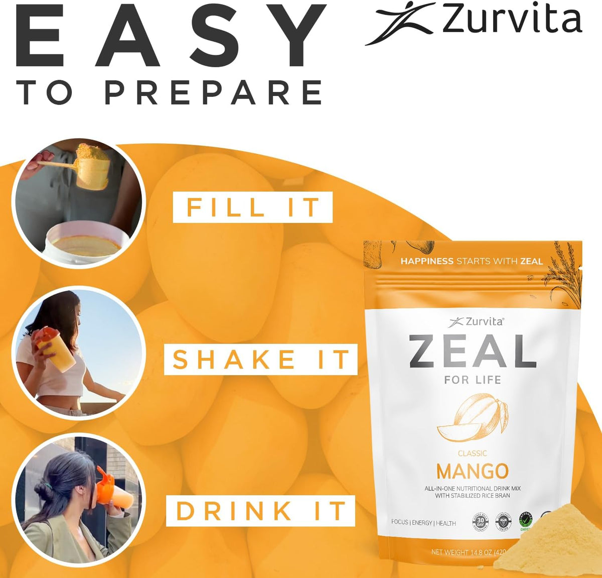 Zurvita Zeal for Life Wellness Drink Mix - Mango Flavour - Gluten-Free, Vegan, with Biotin, Vitamins B12, C, D, E, Iron, Magnesium - 30 Servings (420 g) - görsel 7