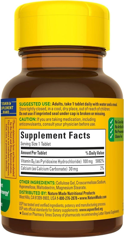 Nature Made Vitamin B6 100mg Tablets, 100 Tablets