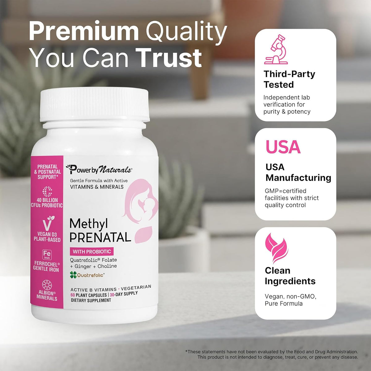 Power By Naturals Methyl Prenatal with Probiotics – Vegan Prenatal Vitamins with Iron, Methyl Folate & B12 – 60 Capsules - görsel 5