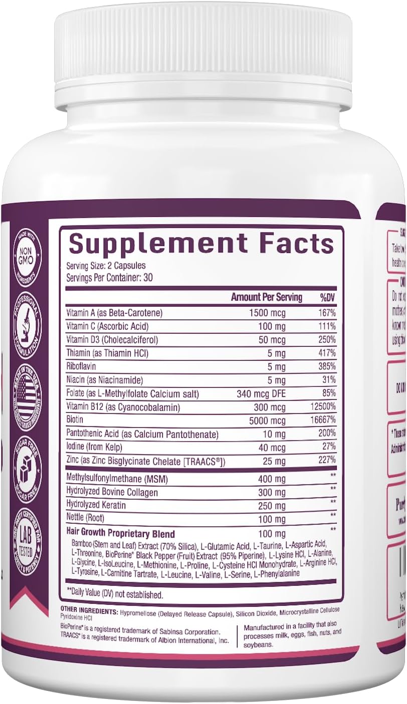 Purely Optimum Hair Growth Vitamins – Biotin, Collagen, Keratin – 60 Capsules - görsel 6