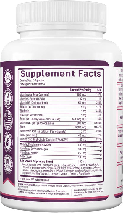 Purely Optimum Hair Growth Vitamins – Biotin, Collagen, Keratin – 60 Capsules