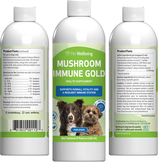 Pet Wellbeing Mushroom Immune Gold for Dogs – Complementary Immune Support with Reishi, Maitake & Turkey Tail – 8 oz Liquid Formulation