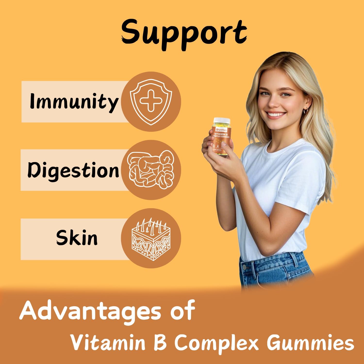 Riyuetian Vitamin B Complex Gummies with Vitamin C, Zinc, Biotin, Choline & Inositol – Contributes to Energy, Mood, Immunity, Healthy Hair & Skin (60 Gummies) - görsel 4