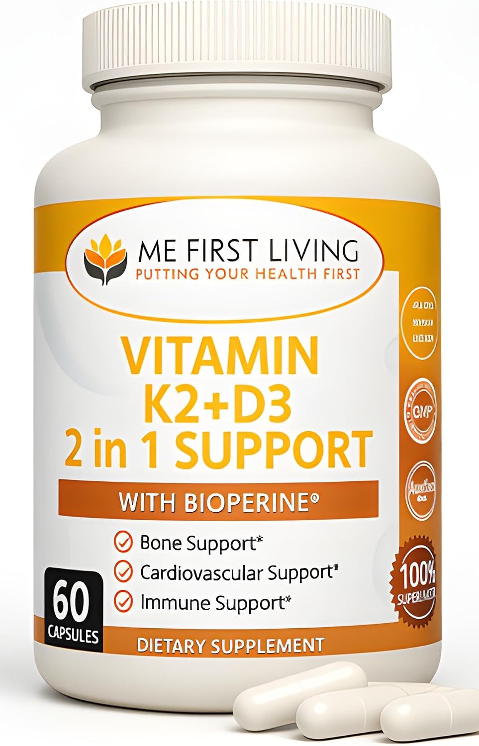 Me First Living Vitamin D3 K2 Food Supplement for Bone & Heart Health, 125 mcg D3 & 100 mcg K2 MK-7, Non-GMO, Easy-to-Swallow Capsules with Calcium - görsel 1