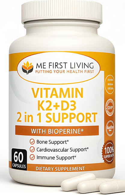 Me First Living Vitamin D3 K2 Food Supplement for Bone & Heart Health, 125 mcg D3 & 100 mcg K2 MK-7, Non-GMO, Easy-to-Swallow Capsules with Calcium