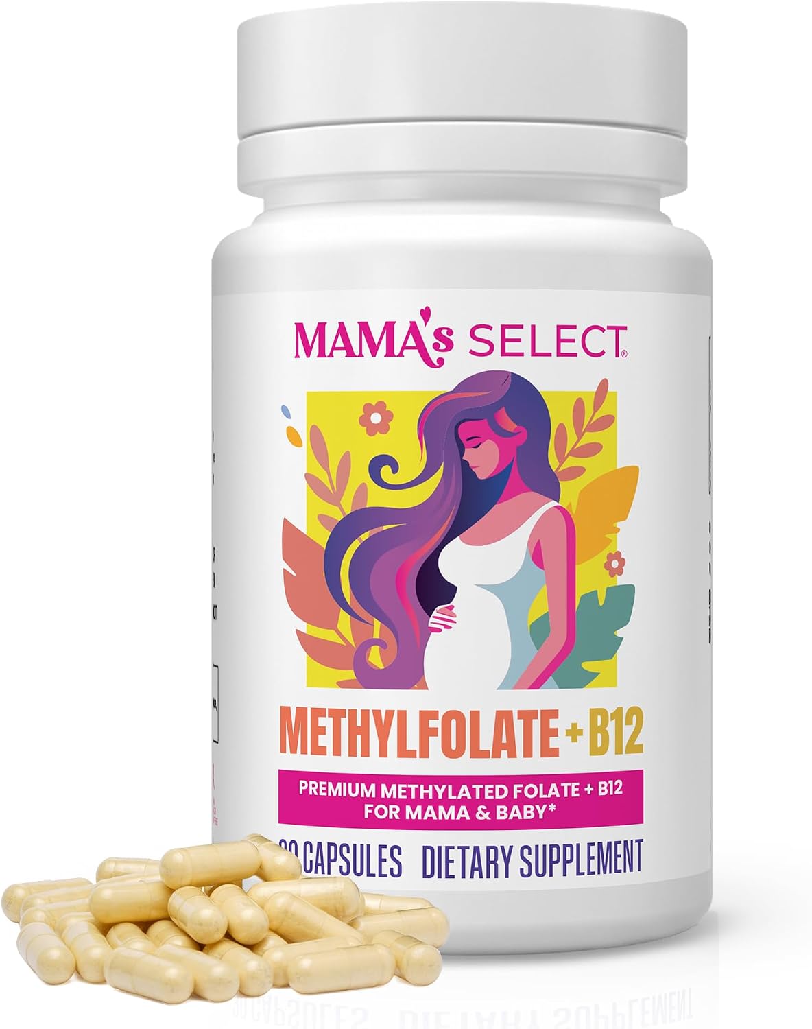 Mama's Select Methylfolate + B12 for Pregnancy & Breastfeeding – 5-MTHF Folate + Methylcobalamin – Supports Baby's Normal Growth – MTHFR Friendly – Vegan – 30 Capsules - görsel 1