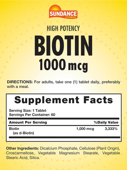 Sundance High Potency Biotin 1,000 mcg Supplement | Essential B Vitamin Tablets | Vegetarian, Non-GMO & Gluten-free