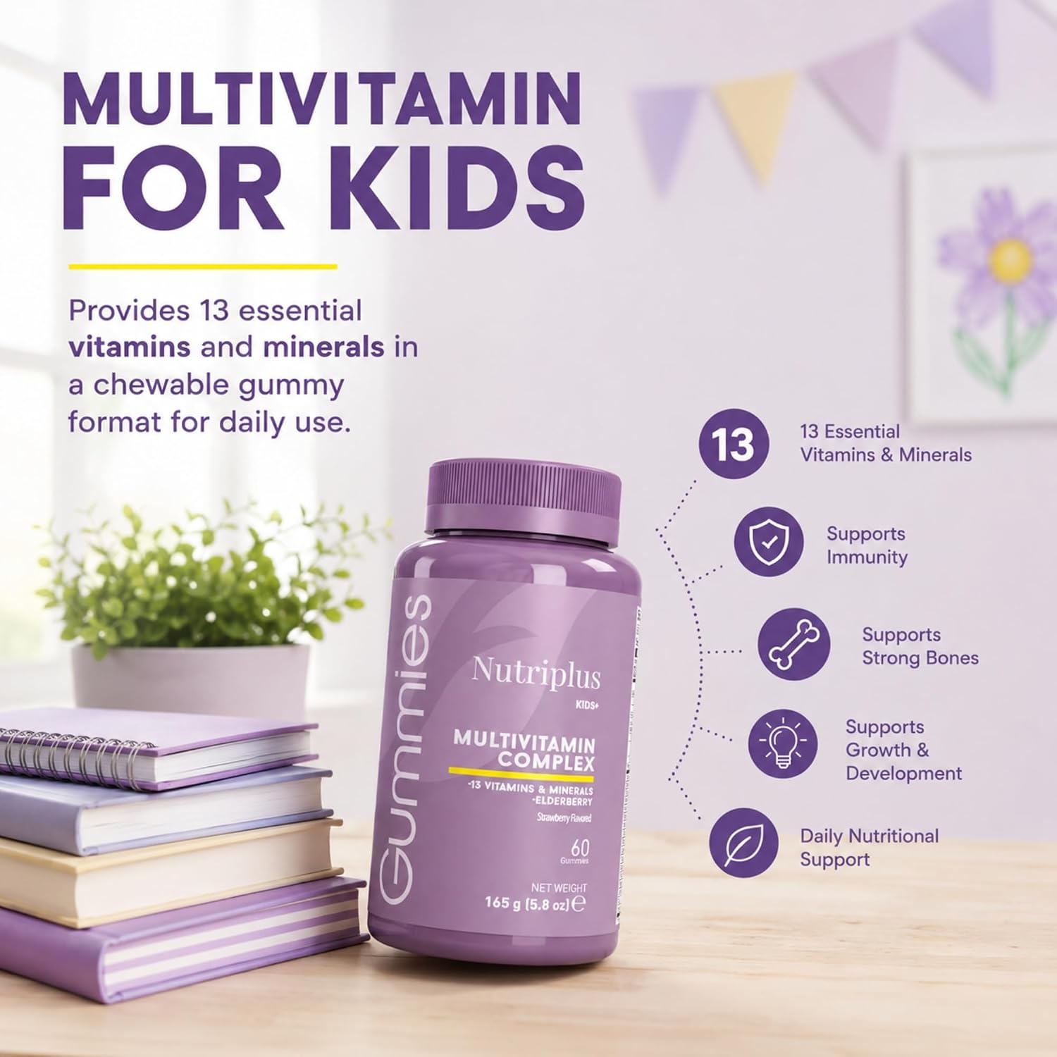 FARMASi Nutriplus Kids Gummies, Strawberry Flavour, 60 Gummies – Multivitamin for Children with Elderberry Extract, Vegan & Gelatin Free - görsel 3