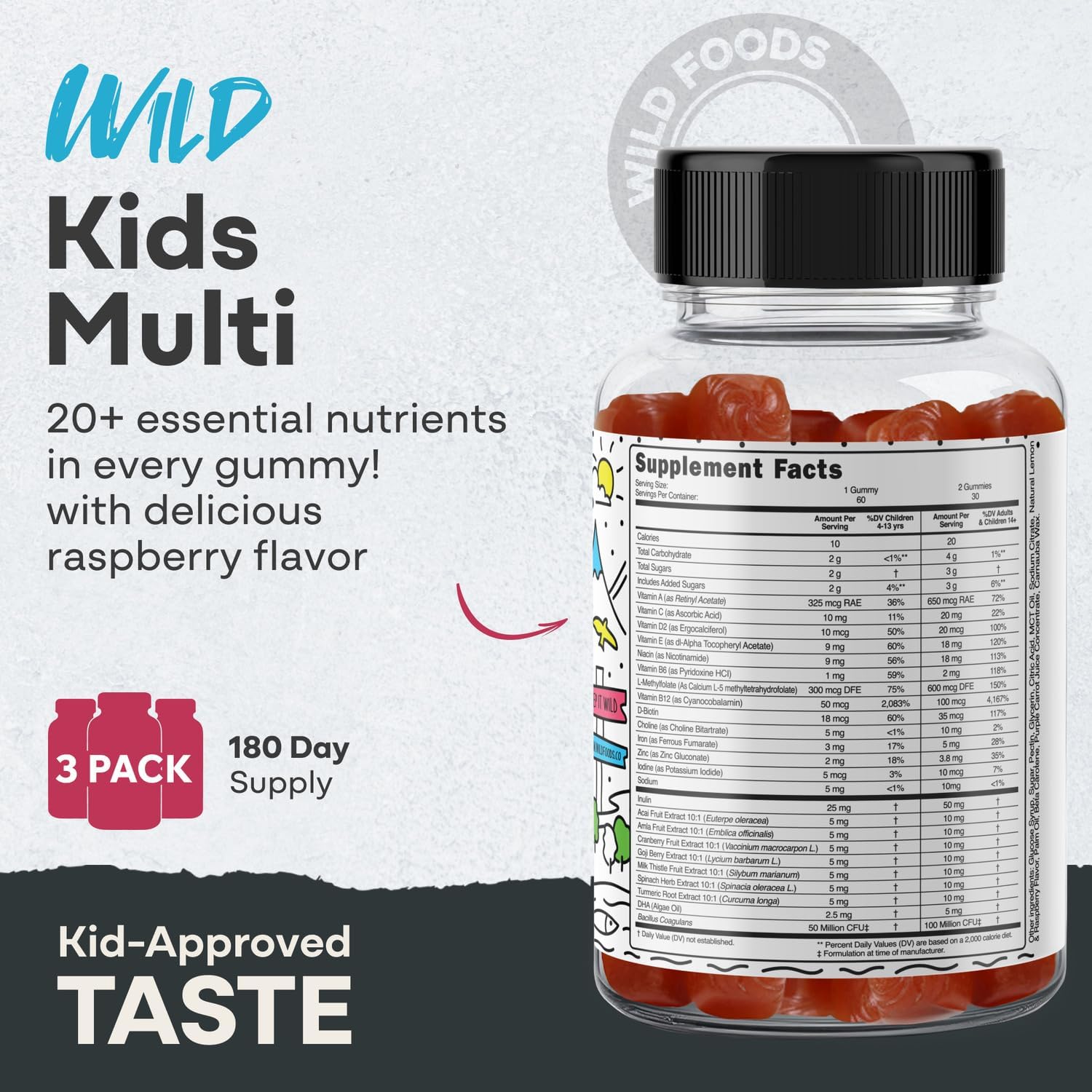 Wild Foods Kids Multivitamin Gummies – with Vitamins A, C, D, E, B12, Iron & DHA – 60 Gummies - görsel 2