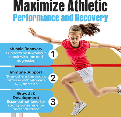 Youth Athletic Gummies – Children's Multivitamin Gummies with Essential Nutrients, Immune & Energy Support, Vegan & Gelatin-Free, Includes Vitamins A, C, B3, B12, Omega-3, Zinc – Ages 5-18