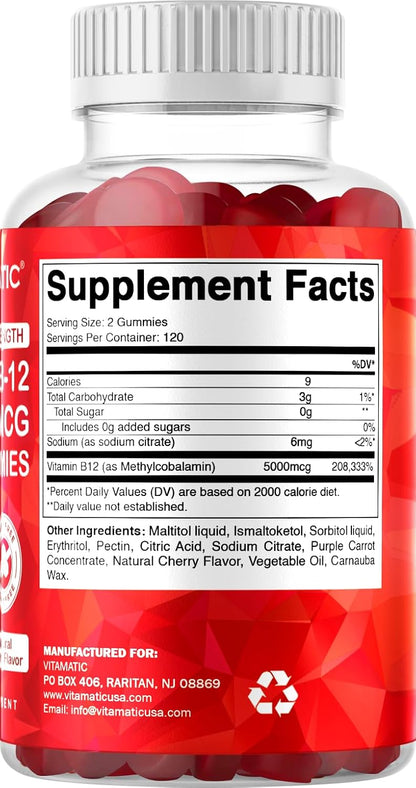 Vitamatic Extra Strength Vitamin B12 5000 mcg (Methyl B12) Gummies - 240 Count, Natural Cherry Flavoured