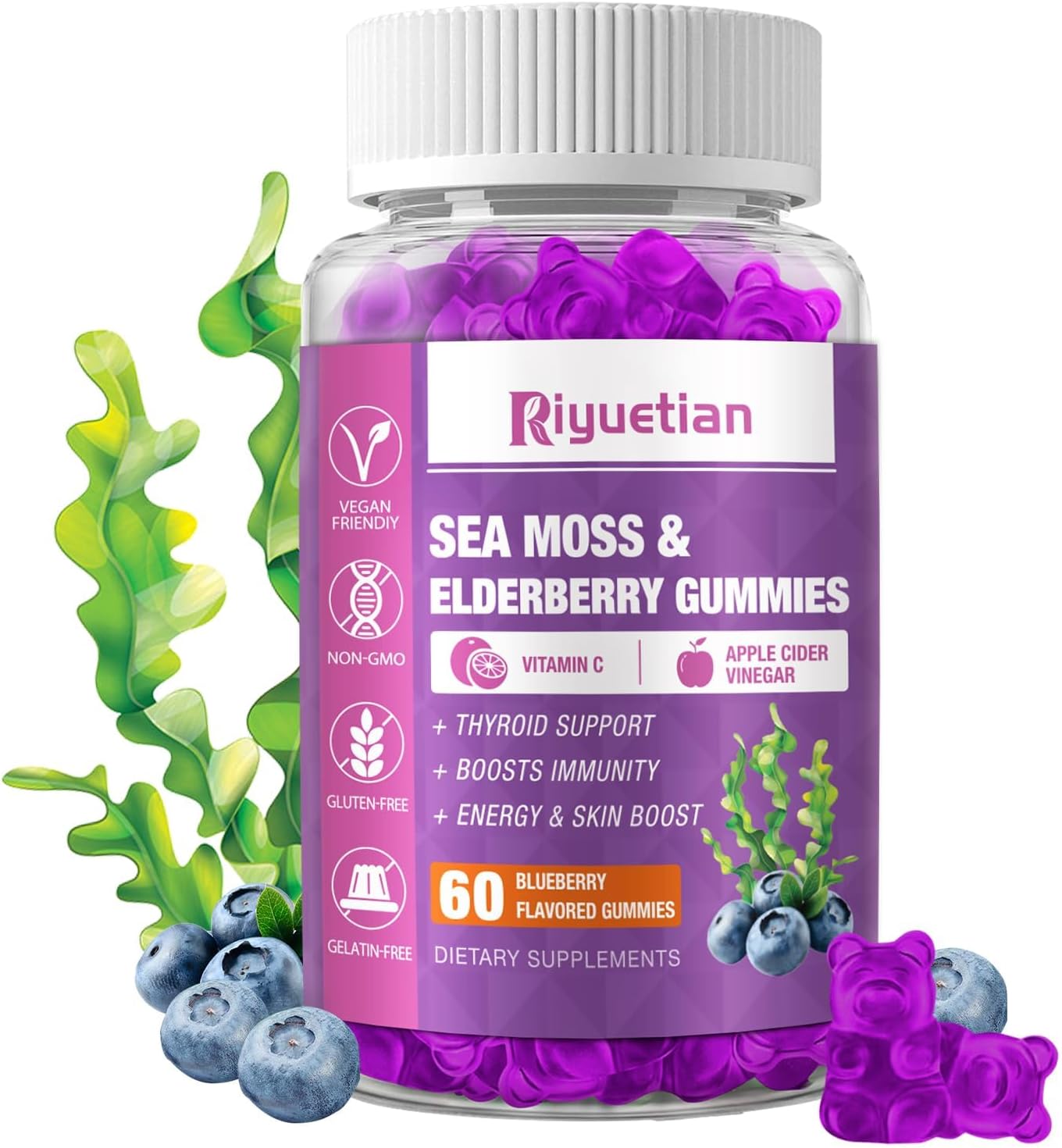 Sea Moss & Elderberry Gummies with Vitamin C and Zinc – Immune & Thyroid Support, 60 Gummies - görsel 1