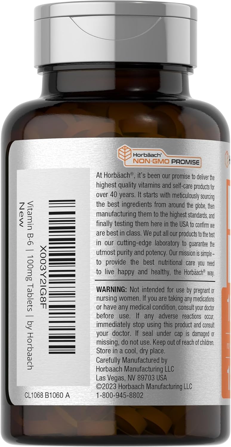 Horbaach Vitamin B6 100mg, 120 Tablets - Pyridoxine Hydrochloride - Vegetarian, Non-GMO and Gluten-free - görsel 3