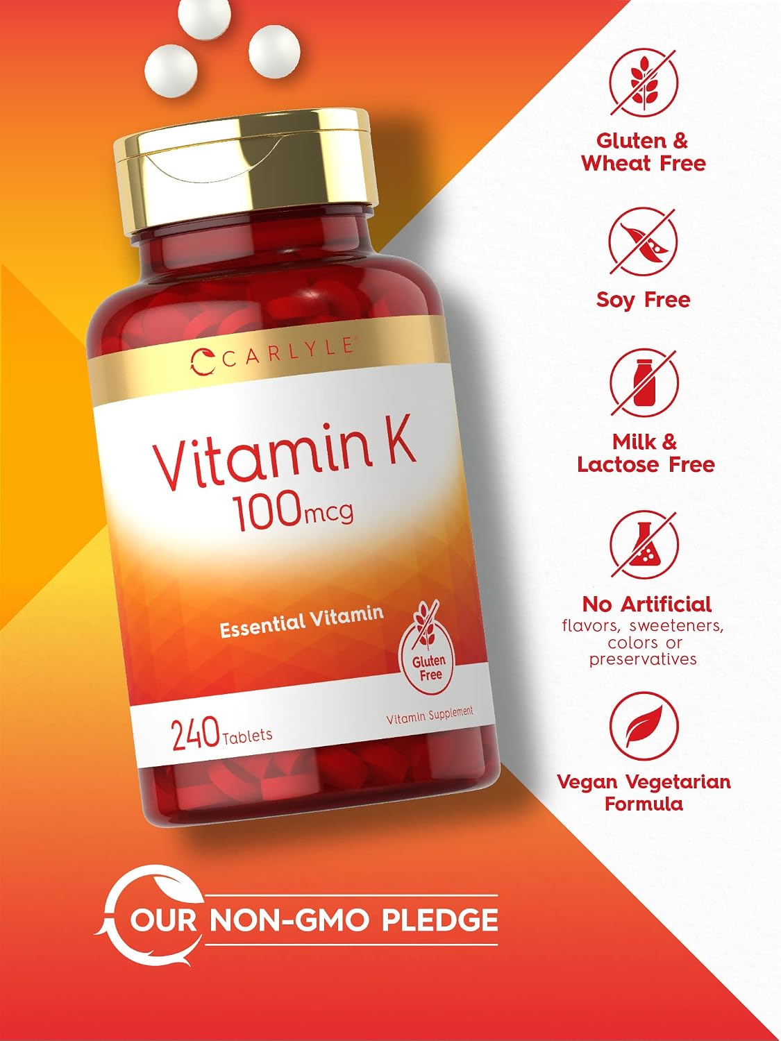 Carlyle Vitamin K 100 mcg, 240 Tablets – Vegetarian, Non-GMO, Gluten-free Supplement - görsel 4