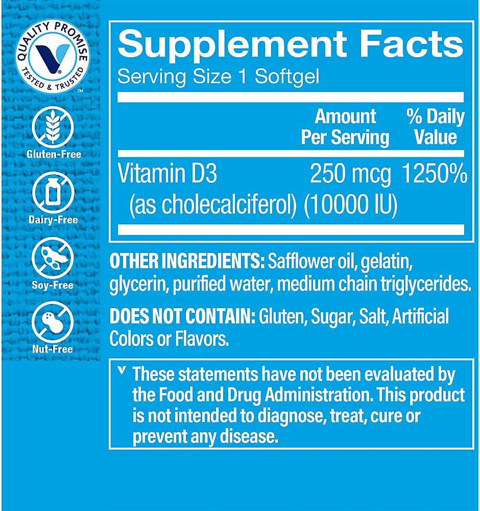 The Vitamin Shoppe Vitamin D3 10,000 IU Food Supplement – 100 Softgels - görsel 2