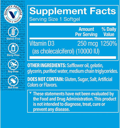 The Vitamin Shoppe Vitamin D3 10,000 IU Food Supplement – 100 Softgels