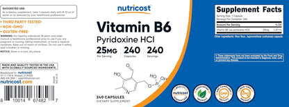 Nutricost Vitamin B6 (Pyridoxine HCl) 25mg, 240 Capsules – Non-GMO, Gluten-free and Vegetarian Friendly