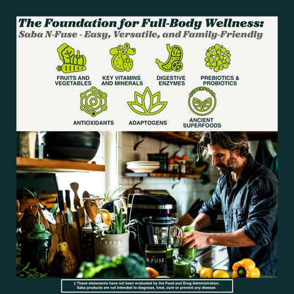 Saba N-Fuse Super Greens Powder – 50+ Superfoods, Probiotics and Digestive Enzymes for Gut Health and Energy, 30 Servings