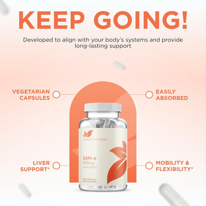 Clear Formulae Bioactive SAM-e 500mg - High Strength SAM-e Supplement with Biologically Active S,S Form for Liver and Mood Support - Vegan Non-GMO Preservative Free - Made in the USA (120 Servings)