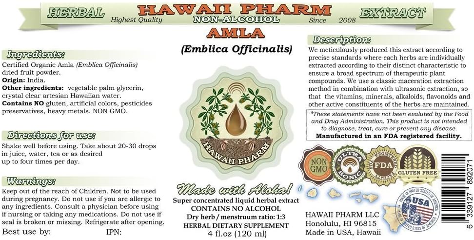 Hawaii Pharm Amla Alcohol-Free Liquid Extract - Emblica Officinalis Glycerite Natural Herbal Supplement, 2x946 mL Unfiltered - görsel 2